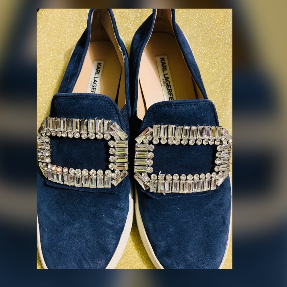 Karl Lagerfeld Blue Ermine Embellished Suede Shoes Gem